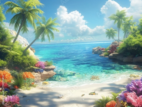 A beautiful beach scene with a clear blue ocean and palm trees. The water is calm and the sky is clear  creating a serene and peaceful atmosphere. The beach is lined with colorful coral and rocks