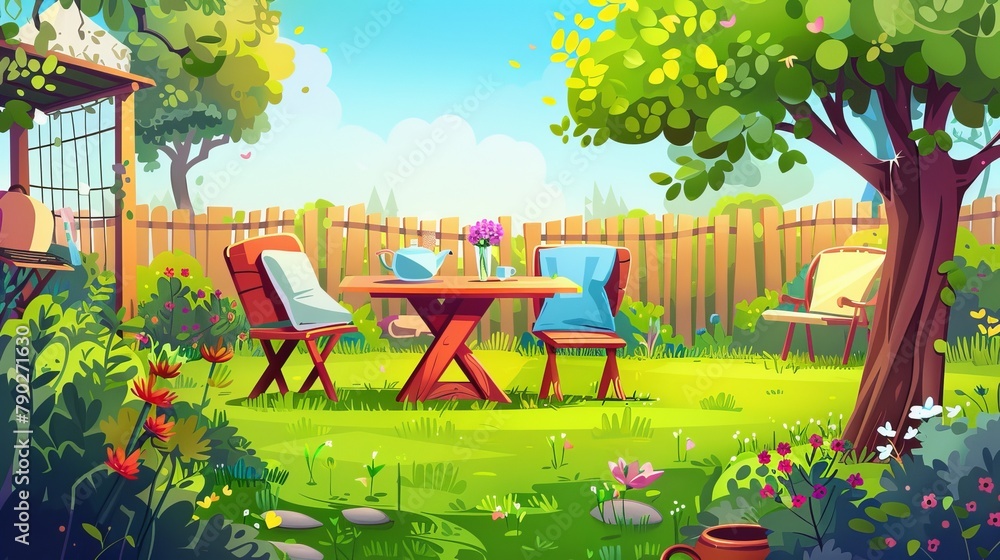 Served table with teapot, cups, flowers, and chairs with soft pillows. Cottage barbecue area with fence and trees. Summer morning breakfast at home park. Cartoon modern illustration.