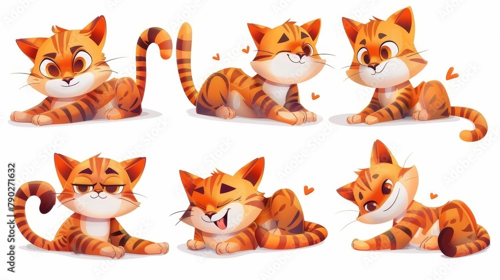 Isolated on white background, cute cartoon kitten sleeps, walks, peeks and beams. Creative emoji set, animal mascot set.