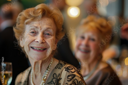 Two senior women sharing a laugh at a social event, with the focus on the woman smiling at the camera