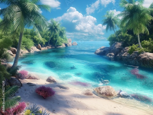 A beautiful beach scene with a body of water and palm trees. Scene is peaceful and relaxing