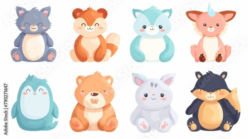 Funny fluffy playthings, pretty textile dogs, cats, seals, foxes and horses isolated on white background. Cartoon of fun fluffy playthings for babies.
