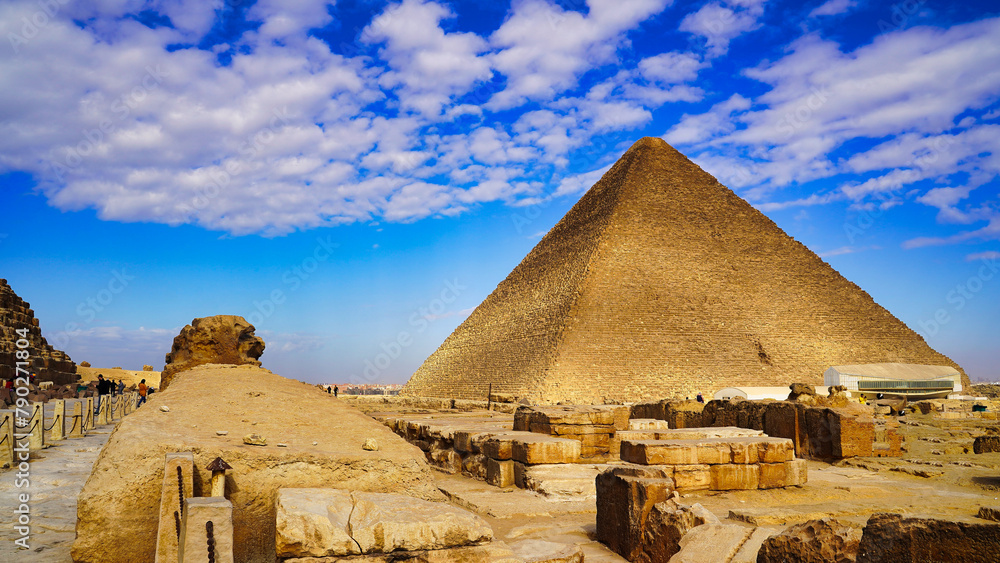 View of the South face of the Great Pyramid of Khufu at Giza along with ...