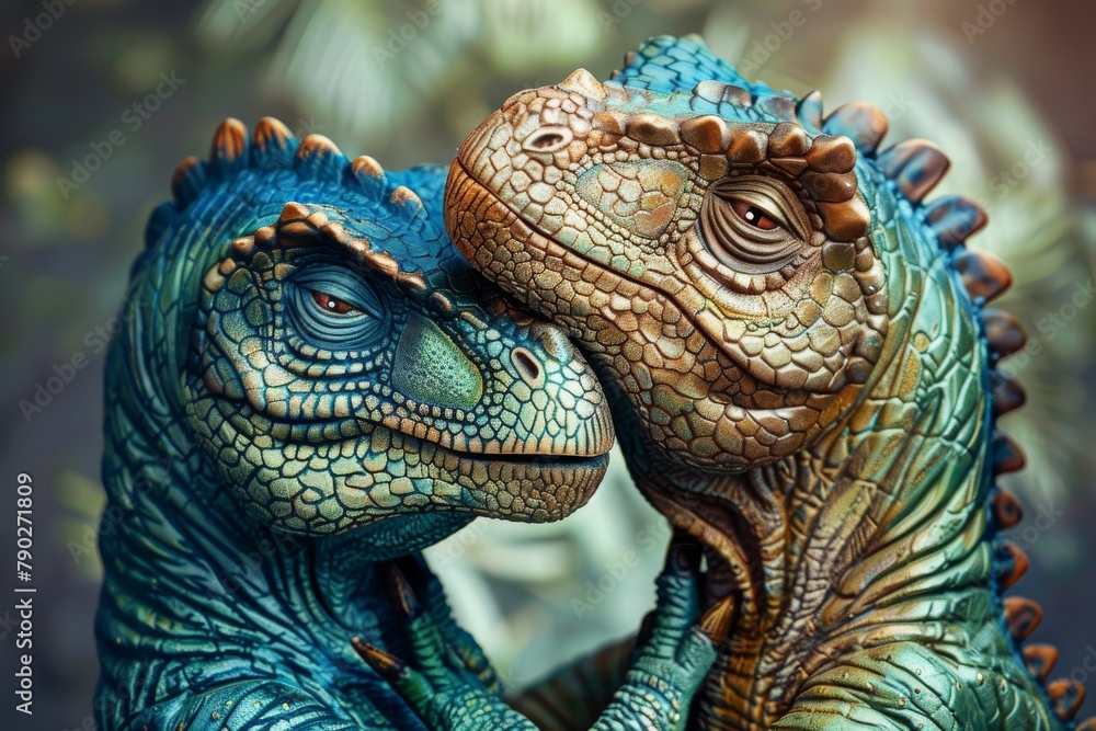 Fototapeta premium Two detailed model dinosaurs captured in a moment that showcases a tender, gentle interaction displaying affection, almost human-like emotions