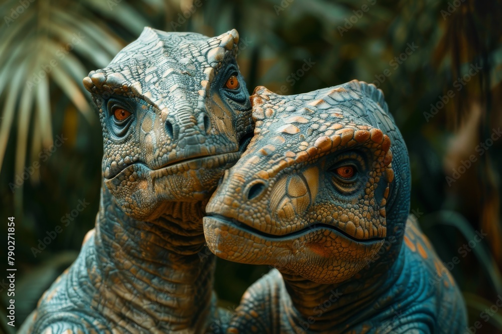 A pair of dinosaur models are partially covered by a blur, creating a sense of mystery and incomplete observation A pair of dinosaur models are partially covered by a blur, creating a sense of mystery and incomplete observation