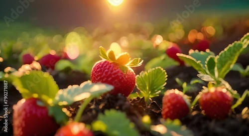 strawberry plants under the sky exposed to morning sunlight