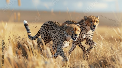 A pair of sleek cheetahs sprinting across the African savanna in pursuit of elusive prey, their lithe bodies moving with effortless speed  photo