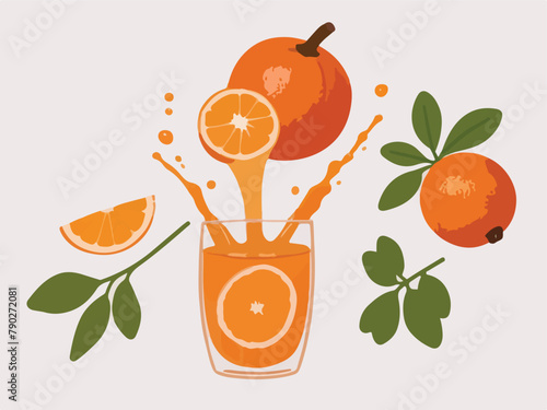orange fruit with leaves and water splash. vector illustration.