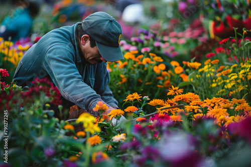 close-up photo a garden worker delicately trimming plants, with a mesmerizing background of vibrant flowers in bloom, showcasing the harmony between human intervention and natural © forenna