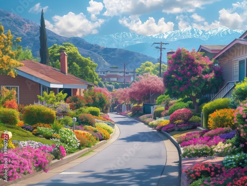 A street with a house on the right side of it. The street is lined with flowers and trees
