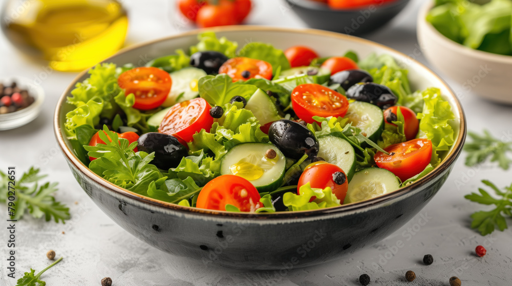 Fresh vegetable salad with tomatoes, cucumbers, and olives.