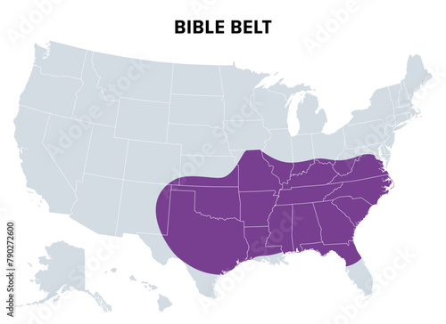 Bible Belt of the United States, political map. Region of Southern United States and state of Missouri, in all of which socially conservative Protestant Christianity plays a strong role in society.