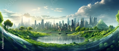 A beautiful painting of a futuristic city with a river running through it and green hills in the background. © Seksan