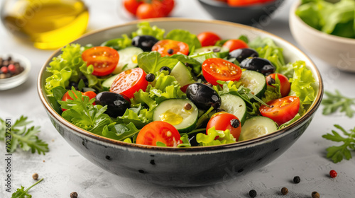 Fresh vegetable salad with tomatoes, cucumbers, and olives.