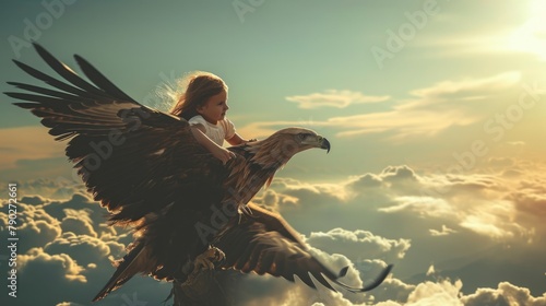 The side view of the picture that has the child flying into the bright sky with the flying object that has been called the eagle yet the size of the eagle so big when compare with the child. AIGX03. photo