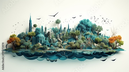 A beautiful city with blue buildings and green trees. The city is surrounded by a white background and there are birds flying above it.