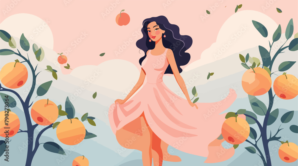 Beautiful girl in a dress with a pattern of peaches
