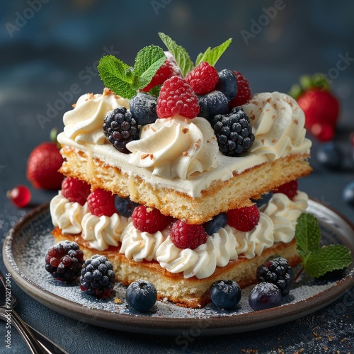 Triple Layer Cake With Berries and Blueberries
