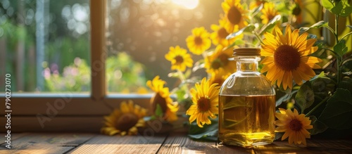 Sunflower Oil Bottle on Wooden Table
