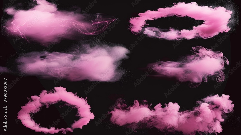 Colorful smoke clouds isolated on a black background. Modern realistic set of rectangles and ovals with magical fog, dust, or powder texture. Colorful smoke clouds isolated on a black background. Modern realistic set of rectangles and ovals with magical fog, dust, or powder texture.