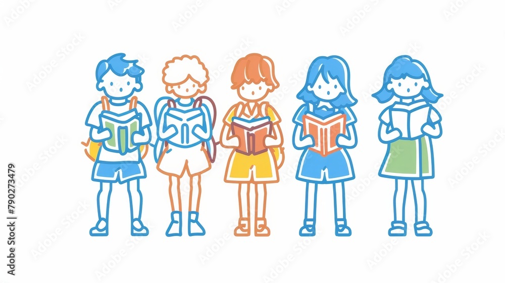 Back to school, students wearing backpacks with textbooks, boy and girl pupils reading books, education, learning, and studying concept with children group, Line art modern illustration Back to school, students wearing backpacks with textbooks, boy and girl pupils reading books, education, learning, and studying concept with children group, Line art modern illustration