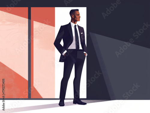 Illustration of a young executive in a suit standing confidently with hands in pockets.