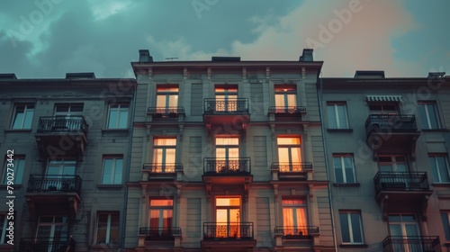 Building with illuminated balconies at night