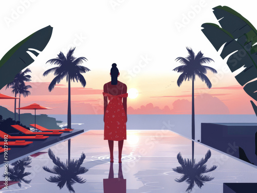 Illustration of a woman in a red dress standing by a pool at sunset, with palm trees and sea in the background. photo