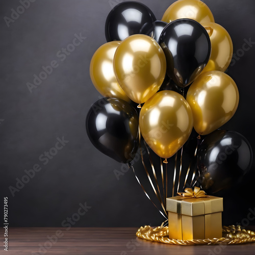 Bunch of golden and black balloons with gift box on dark background