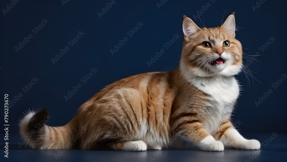 red with white maine coon cat on a dark blue background
