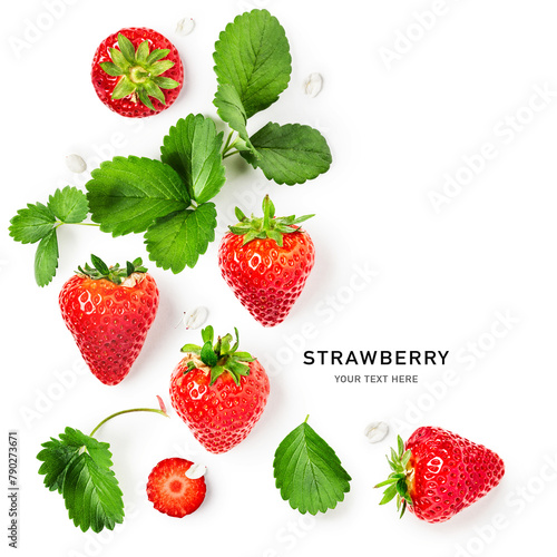 Strawberry fruits and leaves creative frame border isolated on white background.