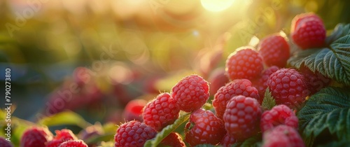 Raspberries Growing on Bush With Sun in Background