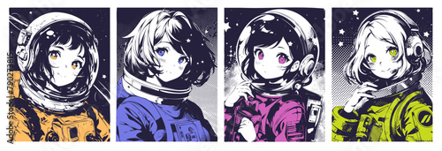 Anime cute astronaut girls. Set of vector trendy manga characters, kawaii girls in space helmets and suits