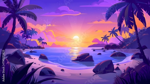 An evening landscape on a tropical beach with palm trees, rocks and sand under a purple sky as the sun goes down on the water edge. This is a modern illustration of a sunset on the shore of a
