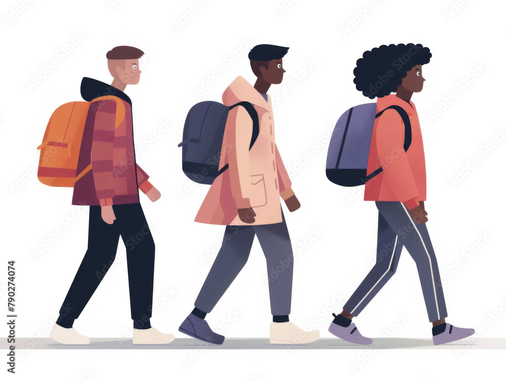 Illustration of a diverse group of three people hiking with backpacks. Illustration of a diverse group of three people hiking with backpacks.