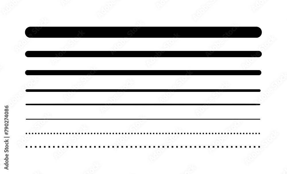 Set of lines of different thickness. Hand drawn lines - thick, thin, dotted lines. Black lines set isolated on white background Set of lines of different thickness. Hand drawn lines - thick, thin, dotted lines. Black lines set isolated on white background