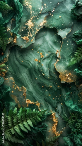 A luxurious deep green marble background, richly veined with gold, complemented by scattered green fern leaves. Vertical.