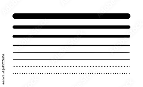 Set of lines of different thickness. Hand drawn lines - thick, thin, dotted lines. Black lines set isolated on white background