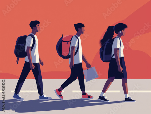 Illustration of three young people walking side by side against an orange background, possibly enjoying a country walk.