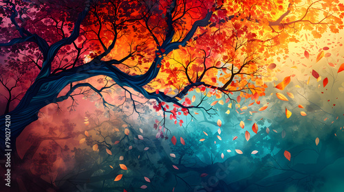 An artful depiction of a tree shedding its orange leaves against a sky backdrop