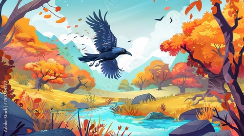The black raven fly on the autumn forest shore while a wild crow spreads its wings in a modern cartoon illustration of a fall landscape with a water stream, green grass, orange bushes and trees.