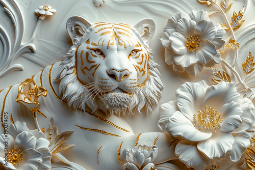 abstract relief design with a tiger and flowers, white and gold