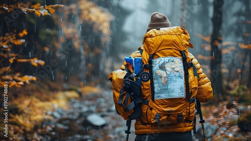 Equipped Hiker Braves Wilderness with Map. Concept Hiking, Wilderness, Map, Survival, Outdoor Adventure