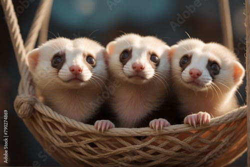 A pair of playful ferrets peeking out of a cozy hammock in their cage, with bright eyes and twitching noses filled with curiosity