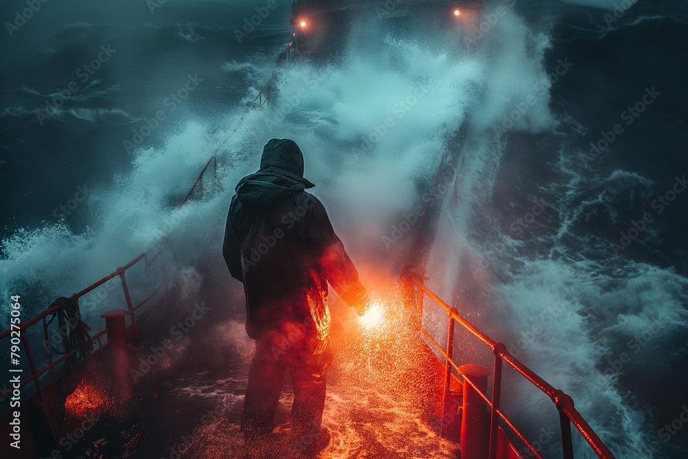 a person on a boat going through some water with smoke and a light at the
