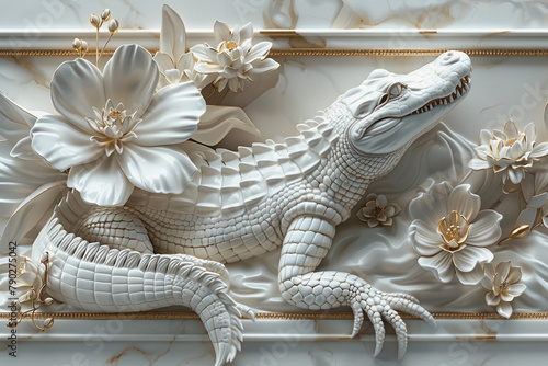 abstract relief design with a crocodile and flowers, white and gold