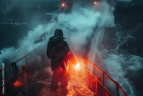 a person on a boat going through some water with smoke and a light at the