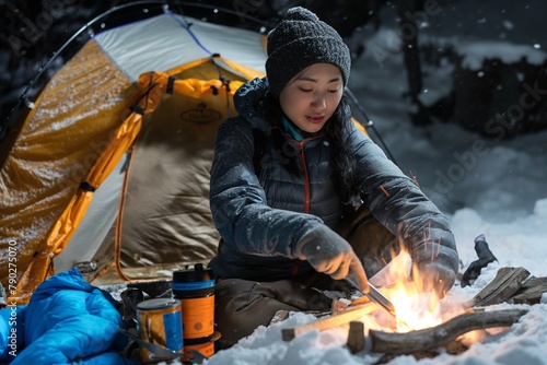 a person making something with wood in the snow next to a tent photo