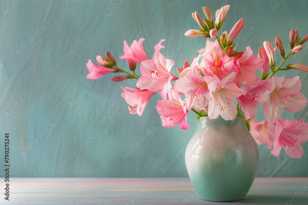 Tabletop elegance. Pink flowers in a porcelain vase