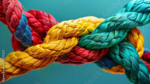 "Diverse team strength united in partnership. Together, communicate, support for teamwork and unity. Strong network concept illustrated with colorful ropes."